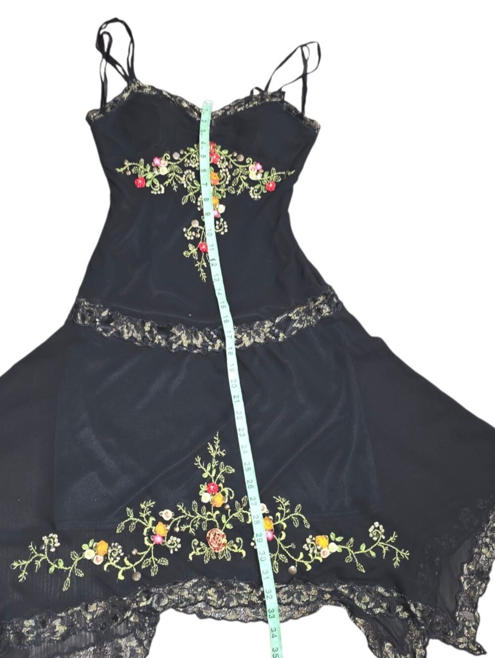 Cache Black Embroidered Floral Slip Dress Lace Handkerchief Hem Fairy Grunge 4 - Picture 12 of 13